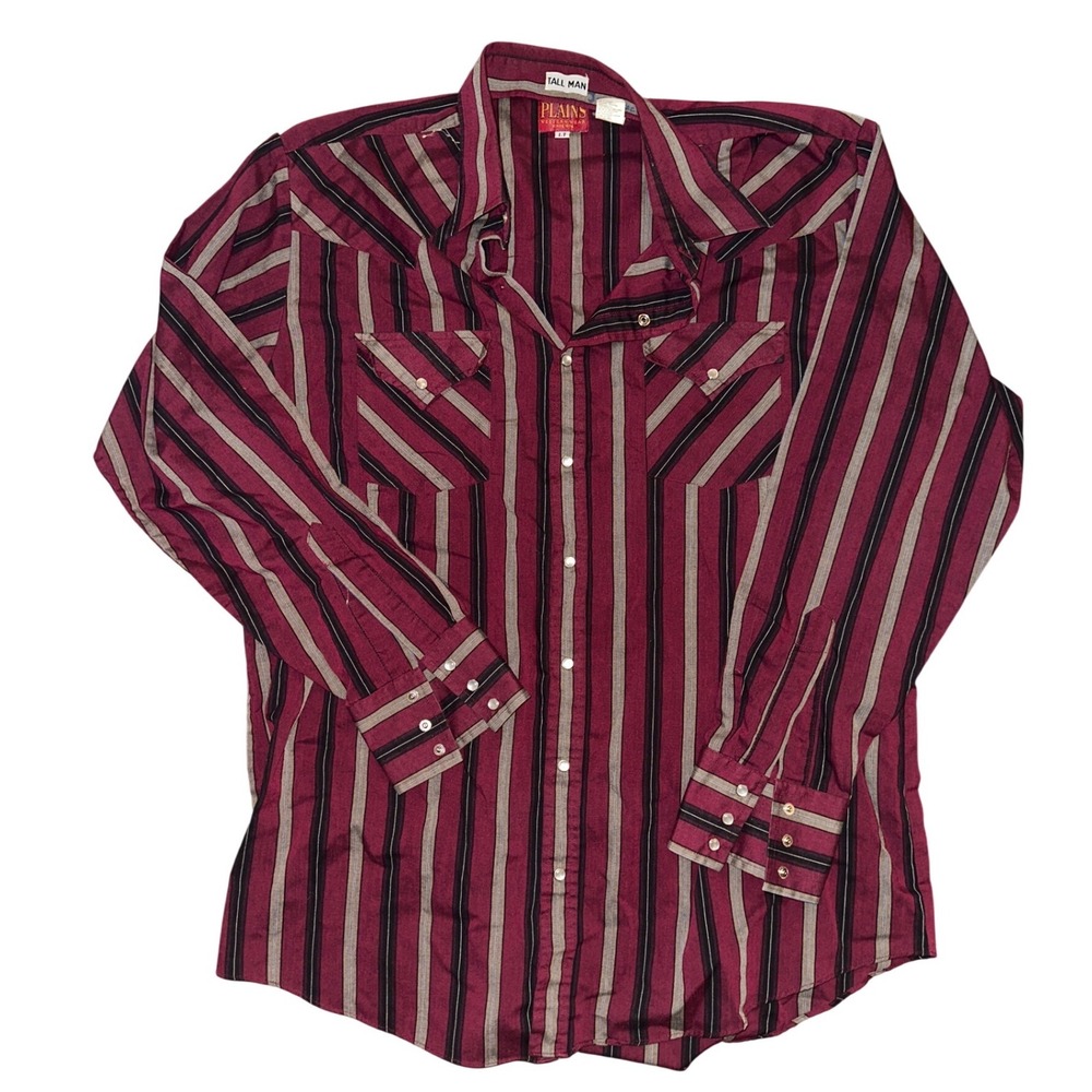 Plains Western Wear Mens LT Tall Burgundy Striped Pearl Snap Long Sleeve Shirt